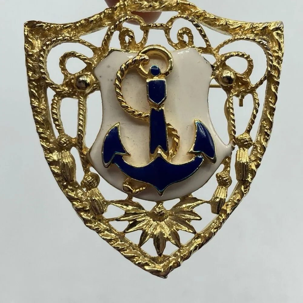 Vtg Gold Tone Blue Enamel Anchor Nautical Crest Brooch Pin Crown Shield 2.75
